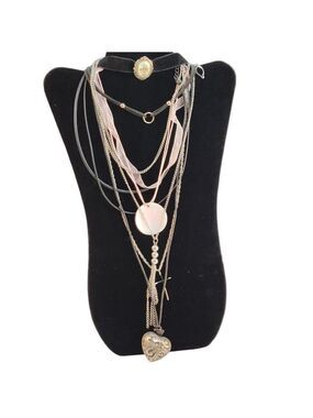 Layered Multistrand Necklace Set With Heart & Floral Pendant Choker to 18" Lengt